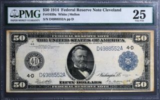 1914 $50 Federal Reserve Note Large Cleveland Fr 1039a Pmg 25 Very Fine A1238