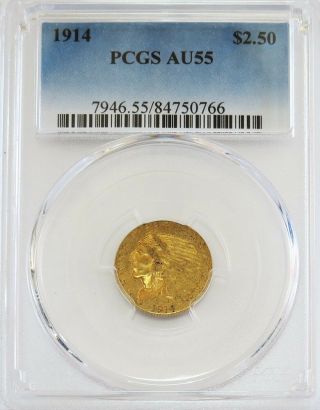 1914 Gold Us $2.  5 Indian Head Quarter Eagle Coin Pcgs About Unc 55