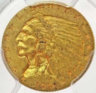 1914 GOLD US $2.  5 INDIAN HEAD QUARTER EAGLE COIN PCGS ABOUT UNC 55 2