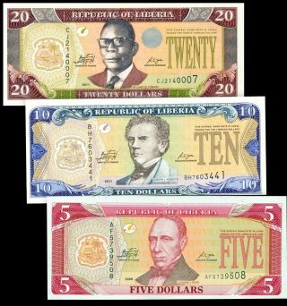 Liberia 2011,  5 /10 /20 Dollars,  Banknote Set Of 3 Unc