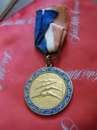 Unissued Golden 1930s Swimming Medal Blue Enamel Scrollwork,  Bay & Oak Laurel