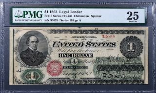 1862 $1 Legal Tender Large Note Chittenden/spinner Fr 16 Pmg 25 Very Fine A1334