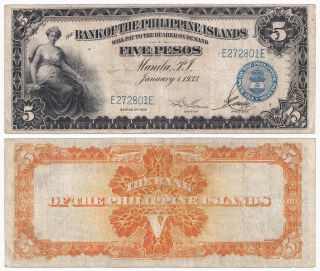1933 Us Administration 5 Pesos Bank Of The Philippine Islands Bpi Banknote