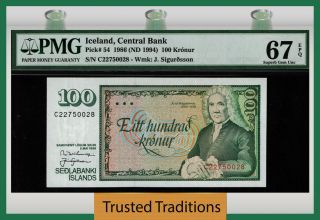 Tt Pk 54 1986 Iceland - Central Bank 100 Kronur Pmg 67 Epq Gem Unc