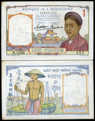 French Indo China 1 Piastre P 54 Sign 9 Xf Yellow Tone Nr