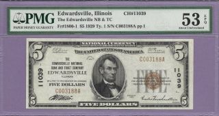 Edwardsville,  Illinois 1929 $5 Ty.  1 Fr 1800 - 1 Ch 11039 " Scroll Down For Scans "