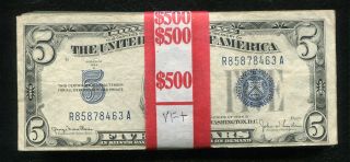 (100) 1934 $5 Five Dollars Blue Seal Silver Certificates Very Fine,