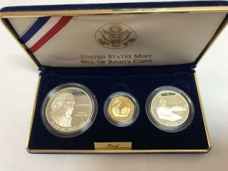 1993 Bill Of Rights 3 Coin Gold & Silver Proof Set In Nr