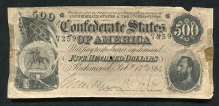 T - 64 1864 $500 Five Hundred Dollars Csa Confederate States Of America