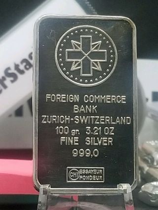 Rare 100 Gram Zurich Swiss Foreign Commerce Bank Silver Vintage Bar.  999 3.  21 Oz
