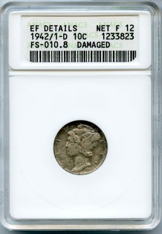 1942/1 - D Mercury Silver Dime Anacs Ef Details Certified 10c Coin Jc365