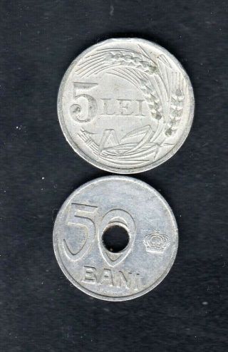 2 Romania Coins,  50 Bani,  5 Lei