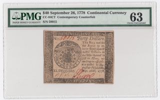 Continental Currency Fr Cc - 84ct $40 Sept 26,  1778 Contemporary Counterfeit Pmg63