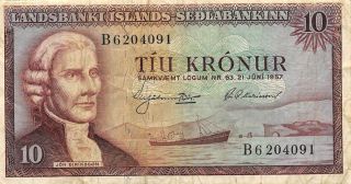 Iceland 10 Kronur L.  21.  6.  1957 Series B Circulated Banknote Mee10