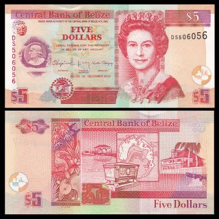 Belize 5 Dollars,  2015,  P - 67f,  Unc