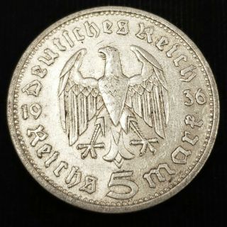 1936 A Germany 5 Reichsmark 13.  8gm.  900 Silver Paul Von Hindenburg Coin ©g5r3646