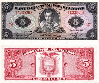 1975 Ecuador 5 Sucres Banknote P 108a Hn Series Antonio Jose De Sucre Unc Abnc
