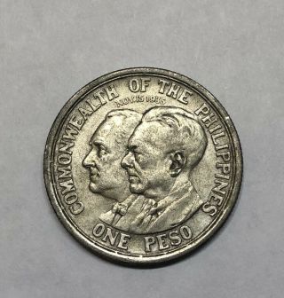 1936 - M Us Philippines Uspi Roosevelt Quezon Silver Peso Coin Unc Uncirculated Nr
