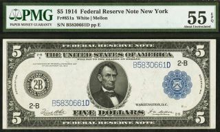 Fr.  851a $5 1914 Federal Reserve Note Pmg About Uncirculated 55 Epq.