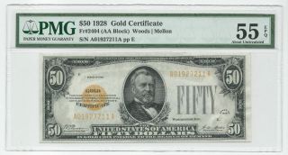 1928 $50 Fifty Dollar Gold Certificate Fr - 2404 Pmg 55 About Uncirculated Epq
