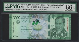 2016 Nicaragua 1000 Cordobas Commem.  P - 216a Note,  Pmg 66 Epq Gem Unc