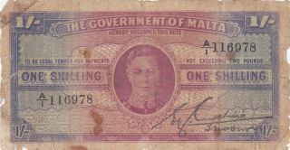 1 Shilling Vg Banknote From British Colony Of Malta 1943 Pick - 16