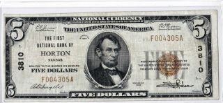 $5 1929 T1 First National Horton Kansas Ks ( (better Grade))  Lightly Circulated