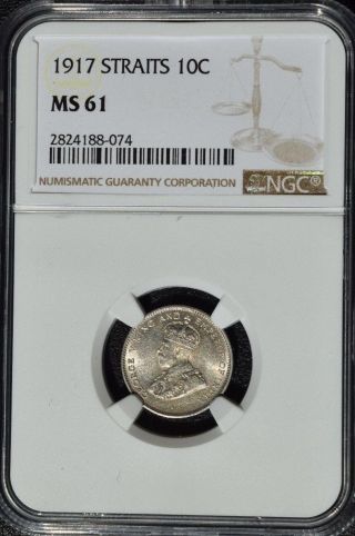1917 Straits Settlements 10 Cents,  Ngc Ms 61,  Malaysia