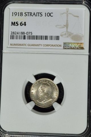 1918 Straits Settlements 10 Cents,  Ngc Ms 64,  Malaysia
