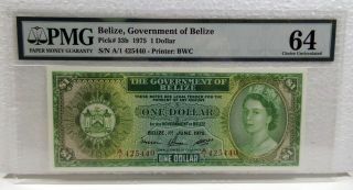 Government Of Belize,  1975 $1 P - 33b Pmg Choice Unc 64 Epq,  Green Bwc