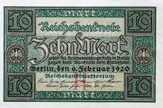 1920 Germany 10 Marks Banknote,  Pick 67a,  Auncirculated