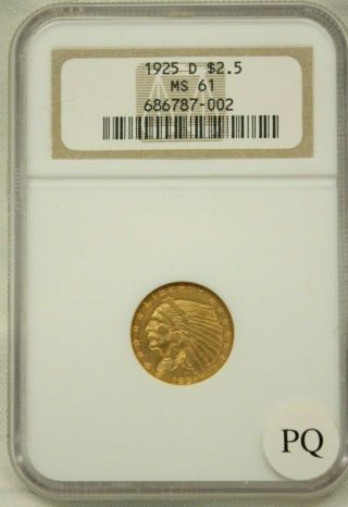 1925 $2.  5 Two And A Half Dollar Indian Head Eagle Gold Coin Ngc Ms 61