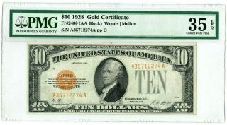 1928 $10 Gold Certificate Small Size Note Fr 2400 Pmg Vf 35 Bright Color