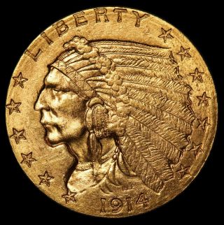 1914 U.  S.  Indian Head $2.  50 Gold Quarter Eagle Coin -