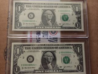 2003 $1 Star Dollar Low Serial Number 2 Notes Uncirculated (844 - 855) 3 Digits