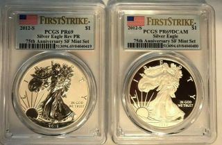 2012 - S $1 Silver American Eagle Proof Set - Pcgs Pr69 & Pr69dcam