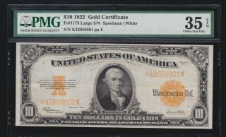 Us 1922 $10 Gold Certificate Fr 1173 Pmg 35 Epq Ch Vf (- 801)