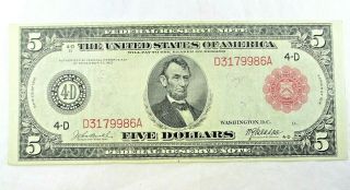 Scarce Note 1914 $5 Dollar Red Seal Federal Reserve Note Very Fine,  - Extra Fine