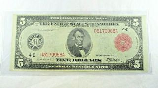 Scarce Note 1914 $5 Dollar Red Seal Federal Reserve Note Very Fine,  - Extra Fine 3