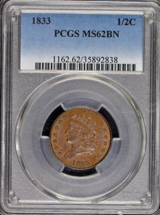 1833 1/2c Classic Head Half Cent Pcgs Ms62bn