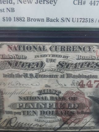 $10 1882 Brown Back Large US Note National Currency Plainfield NJ VF30 Fr 479 4