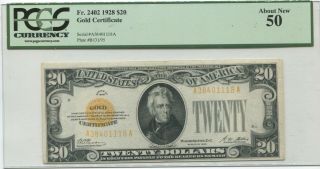 1928 $20 Small Size Gold Certificate,  Pcgs Au 50.  About Uncirculated.  Fr 2402