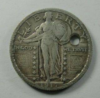 1917 S Type 2 Standing Liberty Silver Quarter Vf Details Holed Key Date Hg - 2616