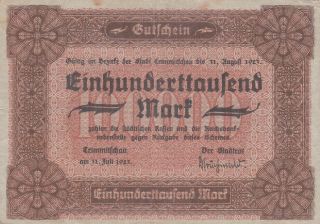 100 000 Mark Very Fine Banknote From Germany/crimmitschau 1923