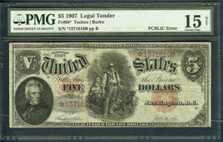 1907 $5 Legal Tender Star Note - Teehee/burke - Pmg F15 Scarce