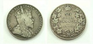 1910 Canada 50 Cents Or Half Dollar Silver Coin - King Edward Vii - F