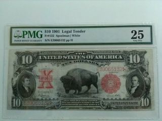 1901,  $10,  Buffalo,  United States Note,  Legal Tender,  Pmg Vf - 25