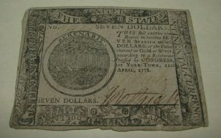 Cc - 74 April 11,  1778 $7 Seven Dollars Continental Currency Note “yorktown”