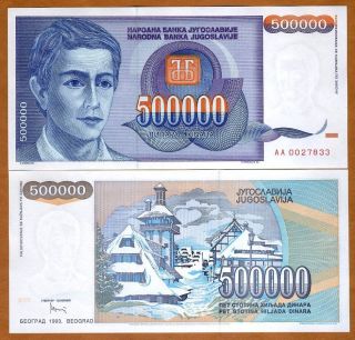 Yugoslavia,  500,  000 (500000) Dinara,  1993,  P - 119,  Aa - Prefix,  Unc Young Man