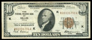 1929 $10 Federal Reserve Bank Of Dallas Note Fr.  1860 - K Key Note